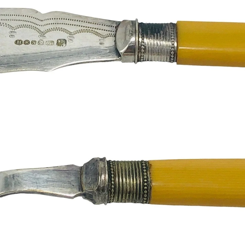 H.F & Co. Silver Plate Master Fish Fork and Knife Set Celluloid Handles 1910